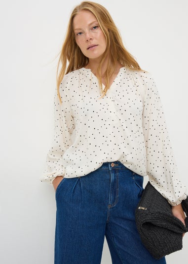 Cream Spot Print V Neck Blouse