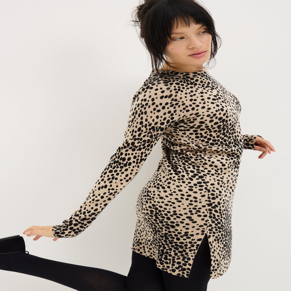 Beige Soft Touch Animal Print Tunic Jumper