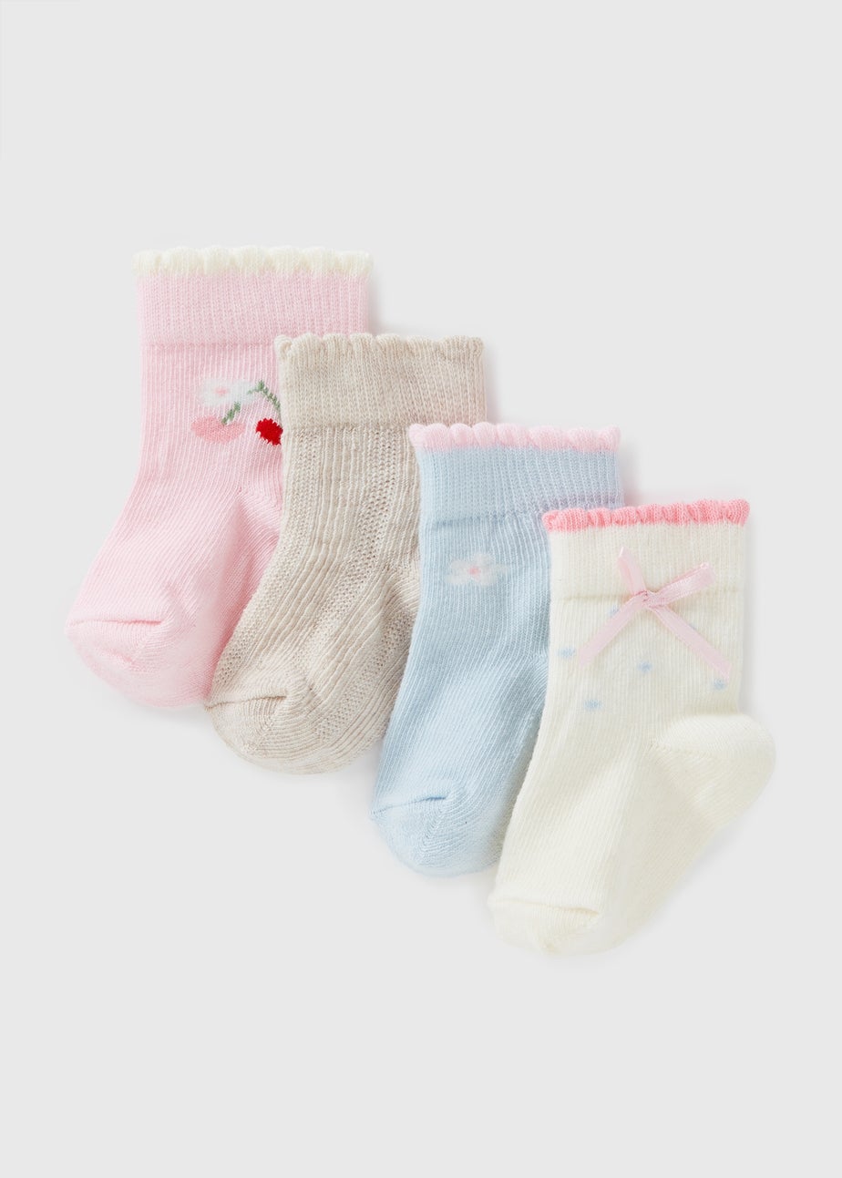 4 Pack Baby Multicolour Cherry Flower Socks (Newborn-24mths)