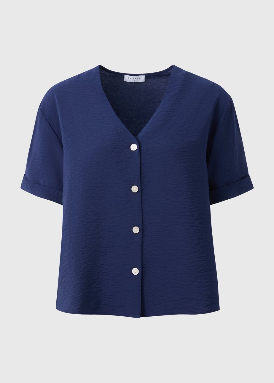 Navy Button V Neck Shirt