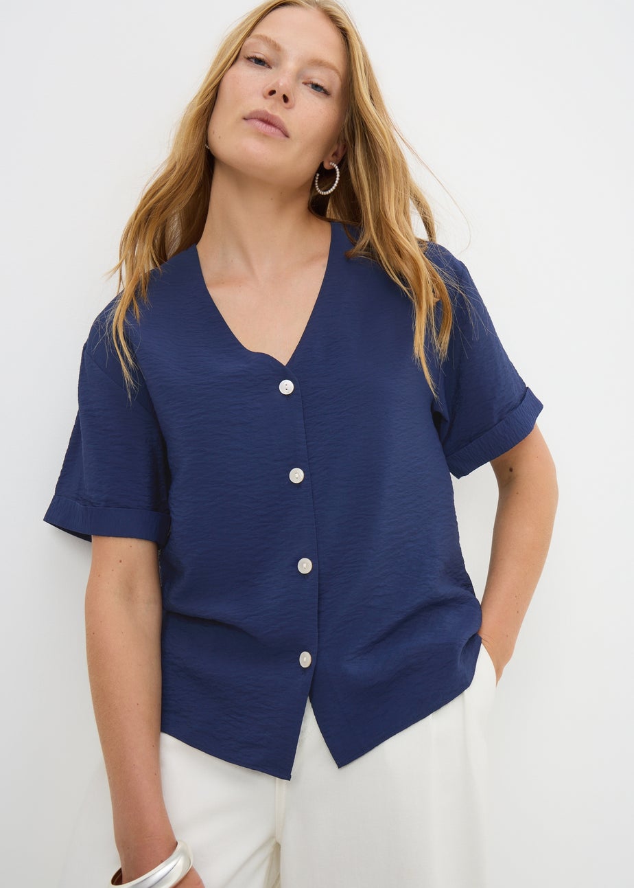 Navy Button V Neck Shirt