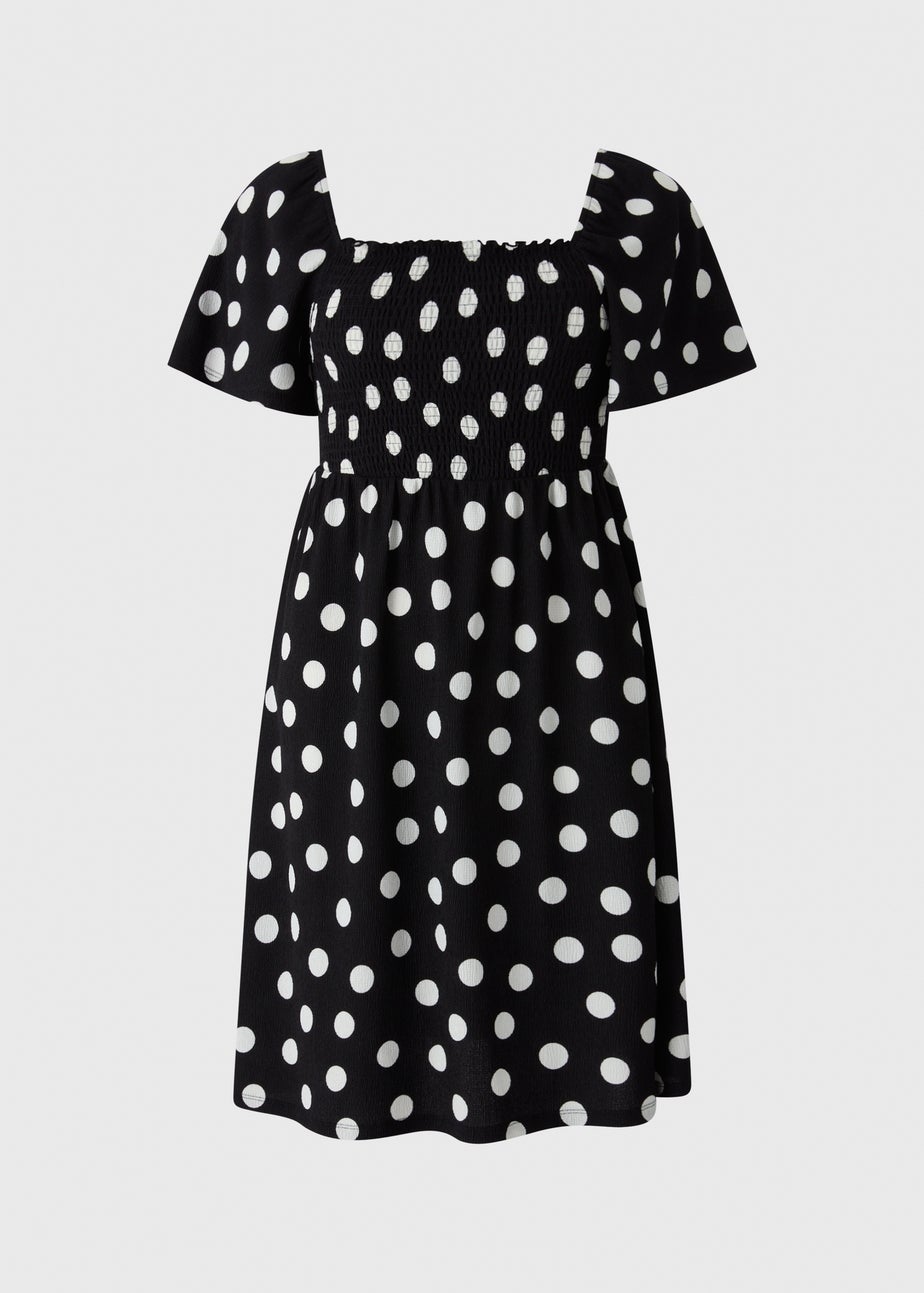 Black Spot Print Shirred Mini Dress