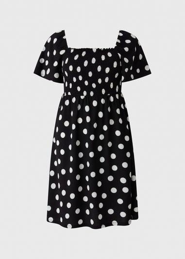 Black Spot Print Shirred Mini Dress
