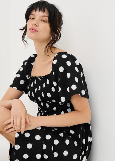 Black Spot Print Shirred Mini Dress