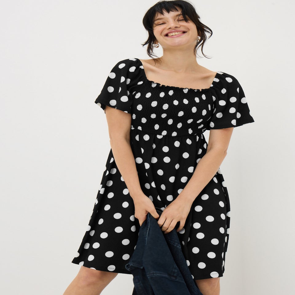 Black Spot Print Shirred Mini Dress