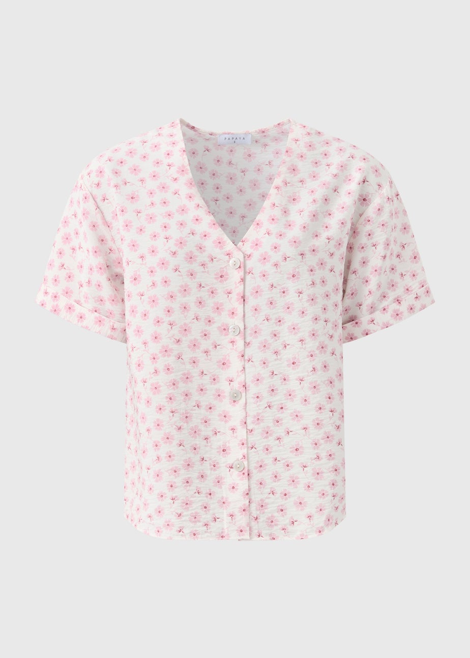 Pink Ditsy Floral V Neck Shirt