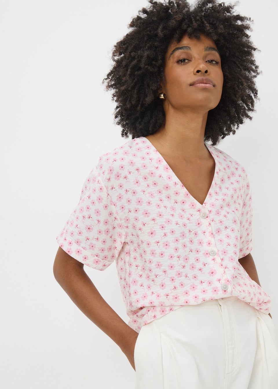 Pink Ditsy Floral V Neck Shirt