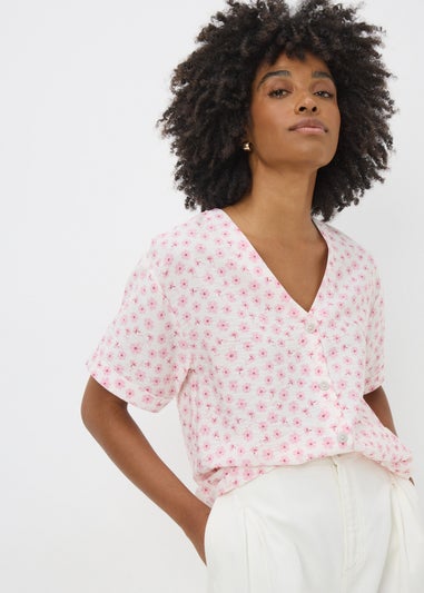 Pink Ditsy Floral V Neck Shirt