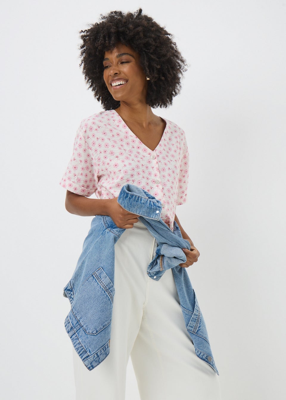 Pink Ditsy Floral V Neck Shirt