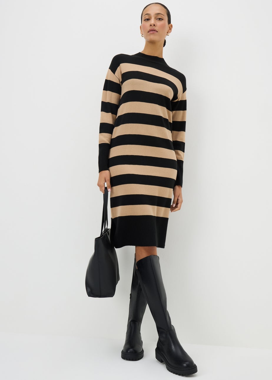 Black & Nude Stripe Super Soft High Neck Dress