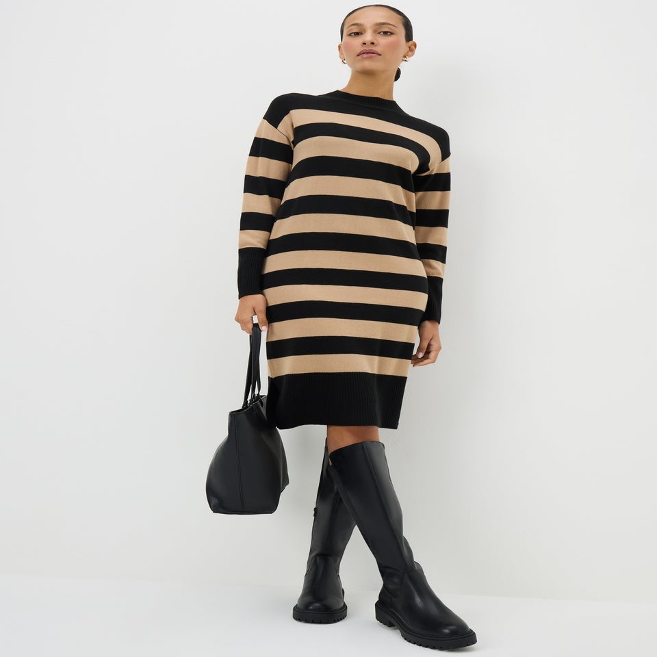 Black & Nude Stripe Super Soft High Neck Dress