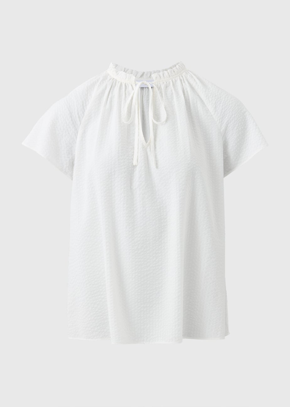 White Boho Tie Neck Short Sleeve Blouse