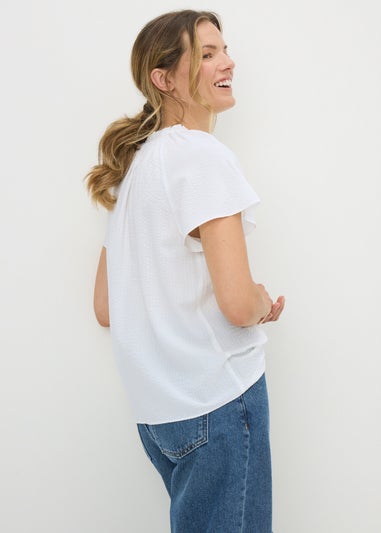 White Boho Tie Neck Short Sleeve Blouse