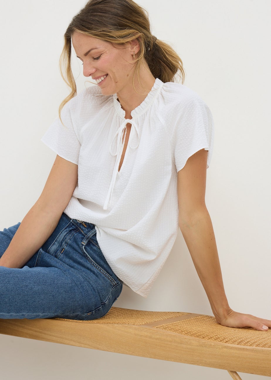 White Boho Tie Neck Short Sleeve Blouse