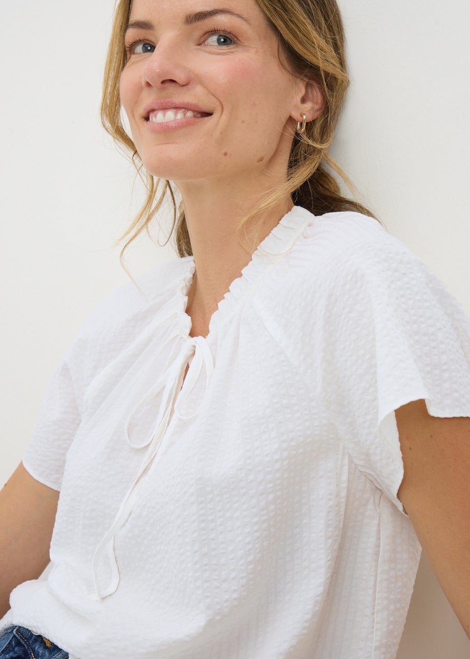 White Boho Tie Neck Short Sleeve Blouse