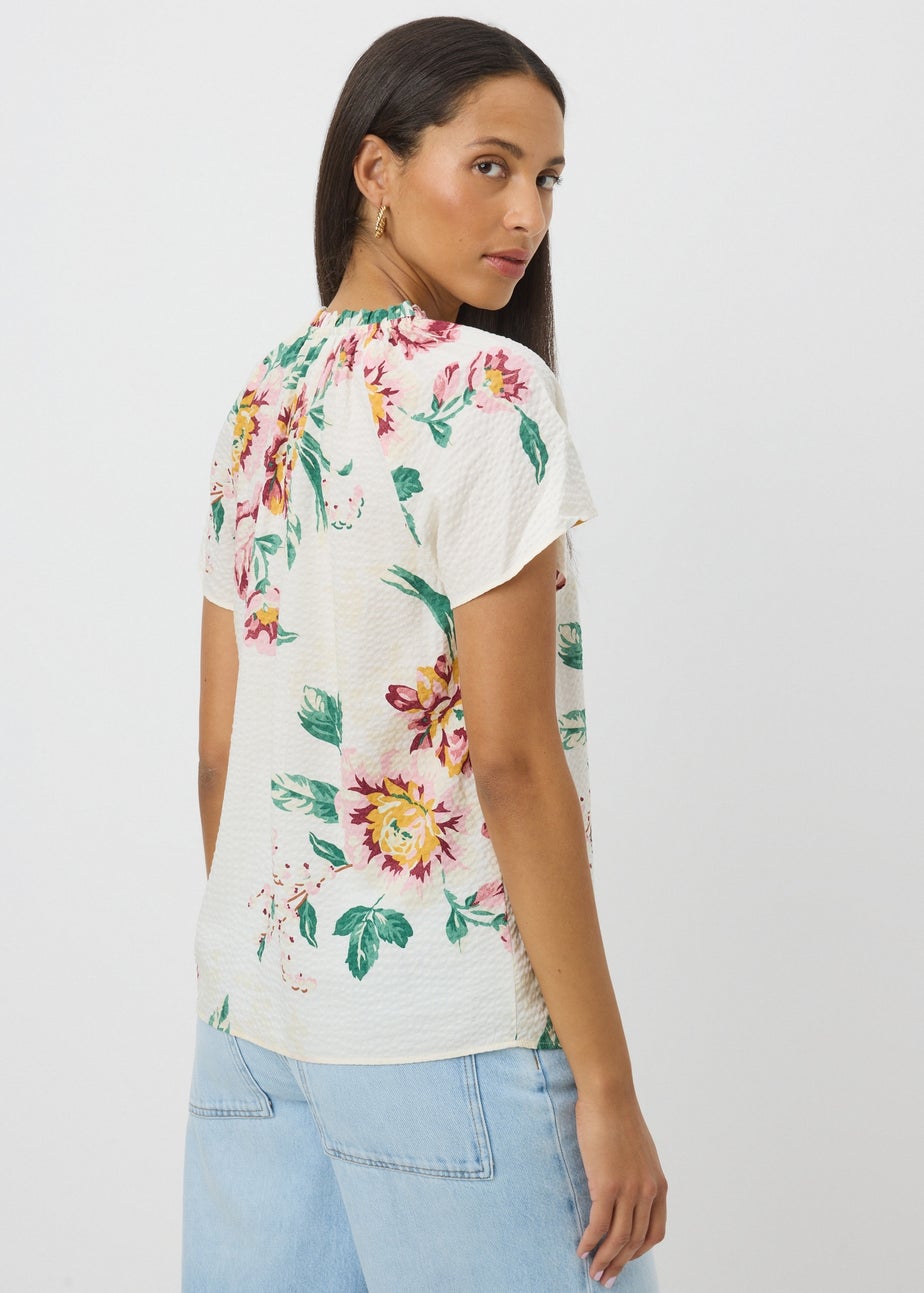 Cream Floral Boho Tie Neck Blouse