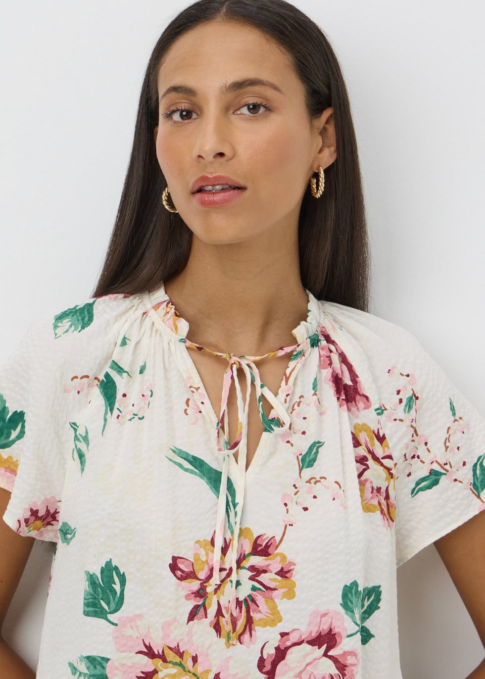 Cream Floral Boho Tie Neck Blouse
