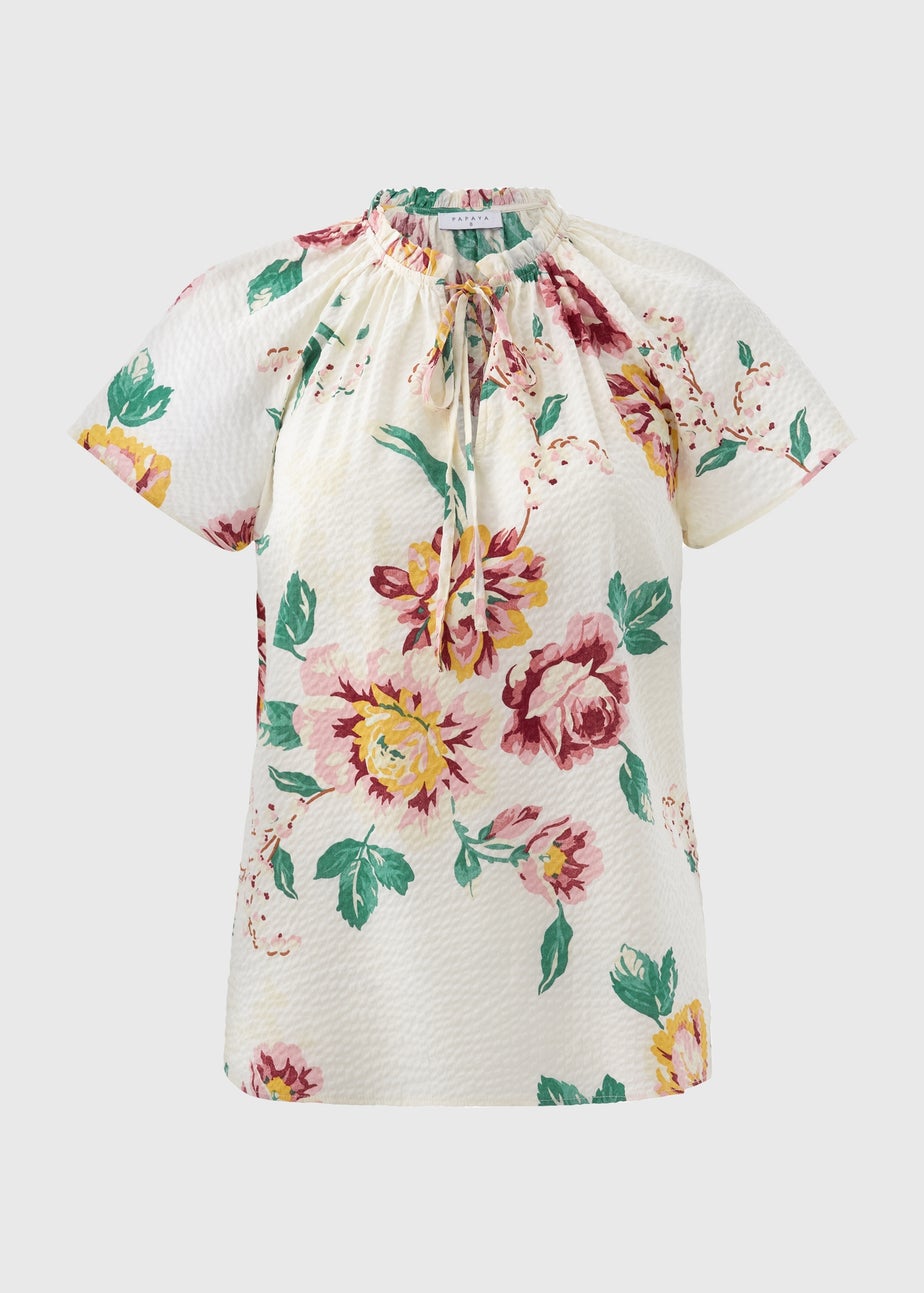 Cream Floral Boho Tie Neck Blouse