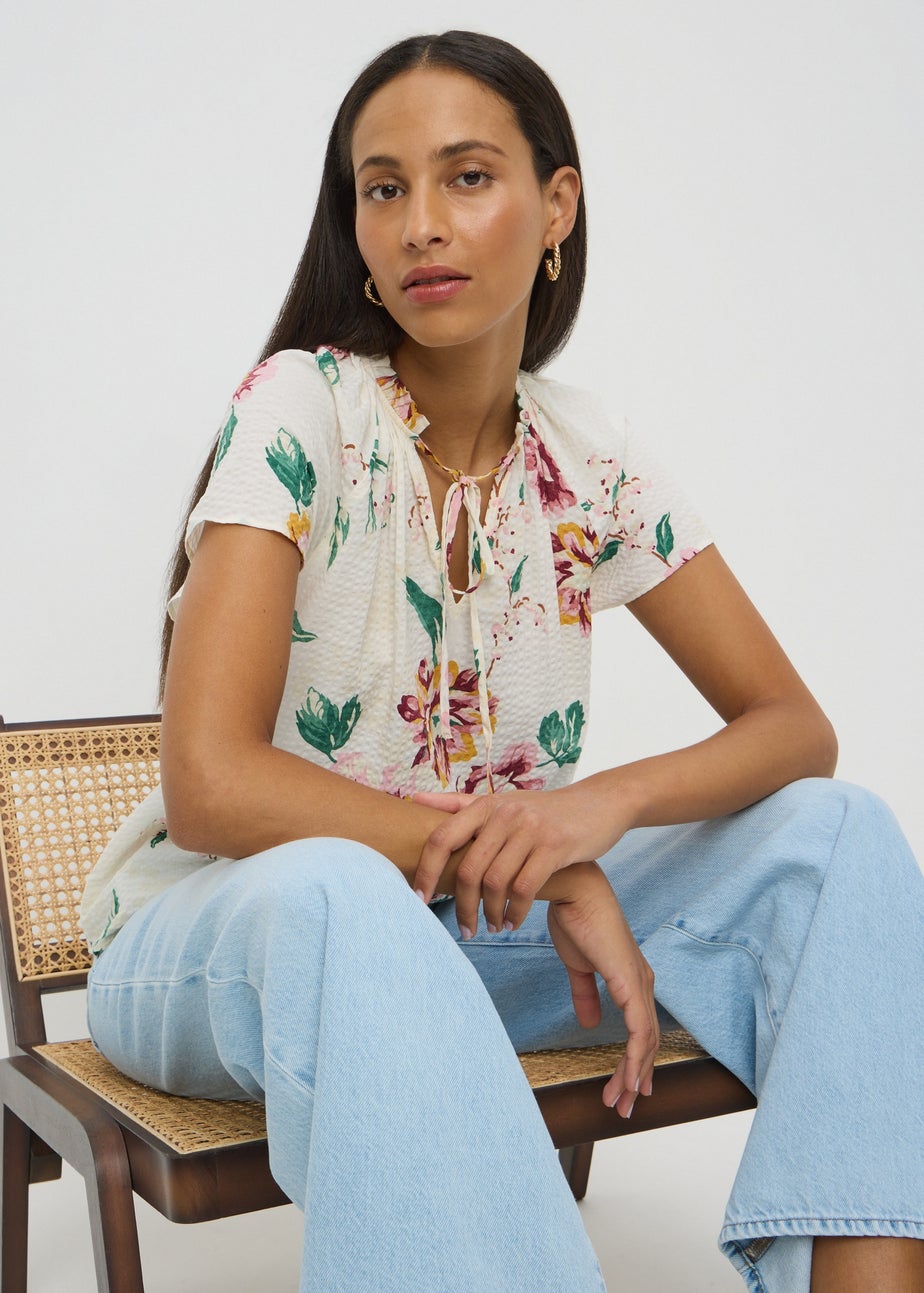 Cream Floral Boho Tie Neck Blouse