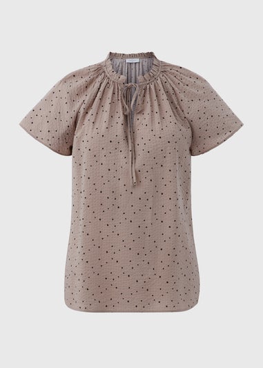 Beige Spot Print Tie Neck Blouse