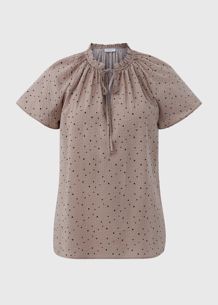 Beige Spot Print Tie Neck Blouse