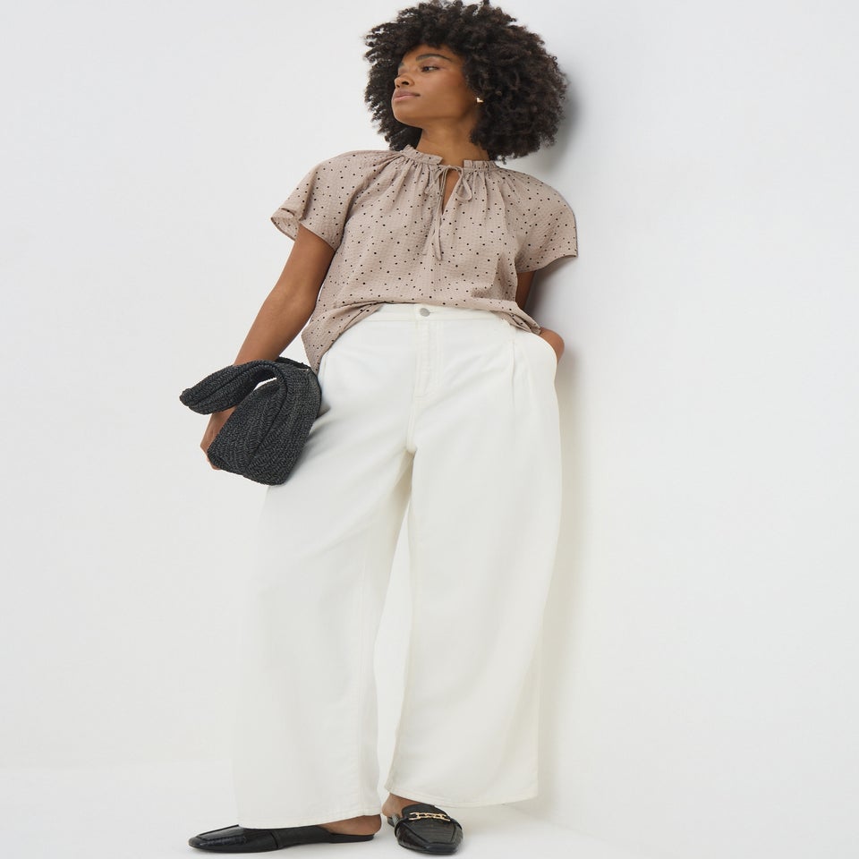 Beige Spot Print Tie Neck Blouse