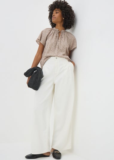 Beige Spot Print Tie Neck Blouse