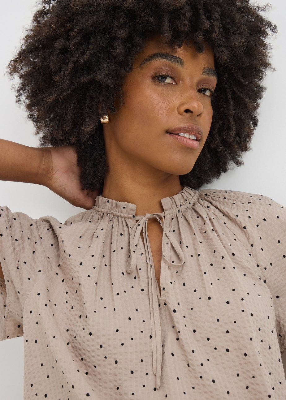 Beige Spot Print Tie Neck Blouse
