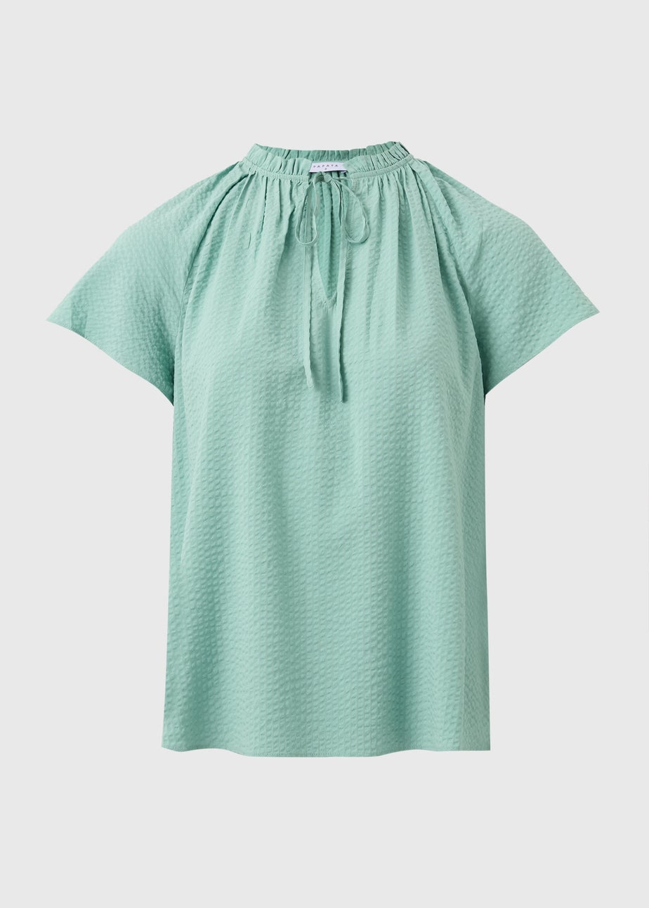 Green Textured Tie Neck Boho Blouse