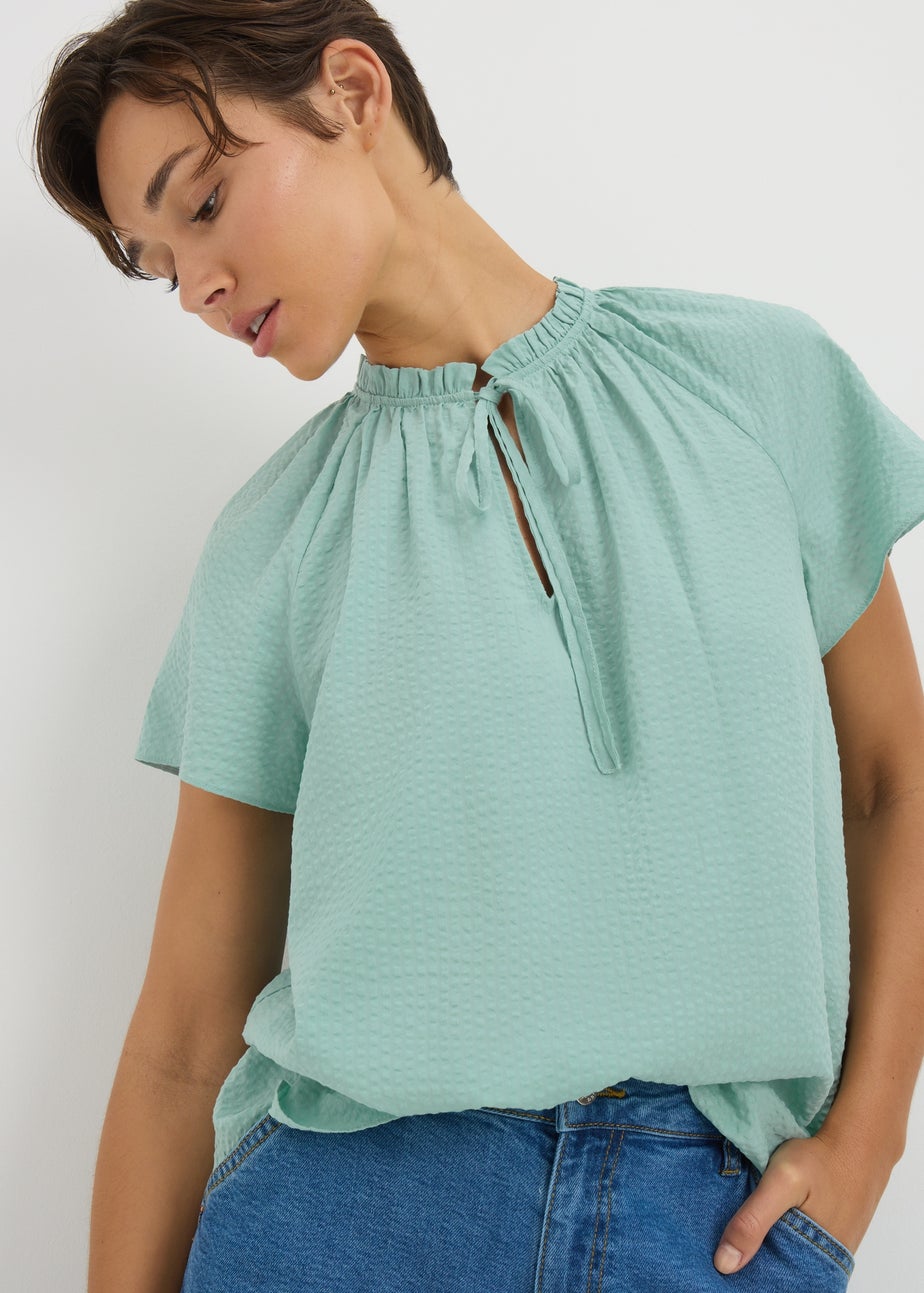 Green Textured Tie Neck Boho Blouse