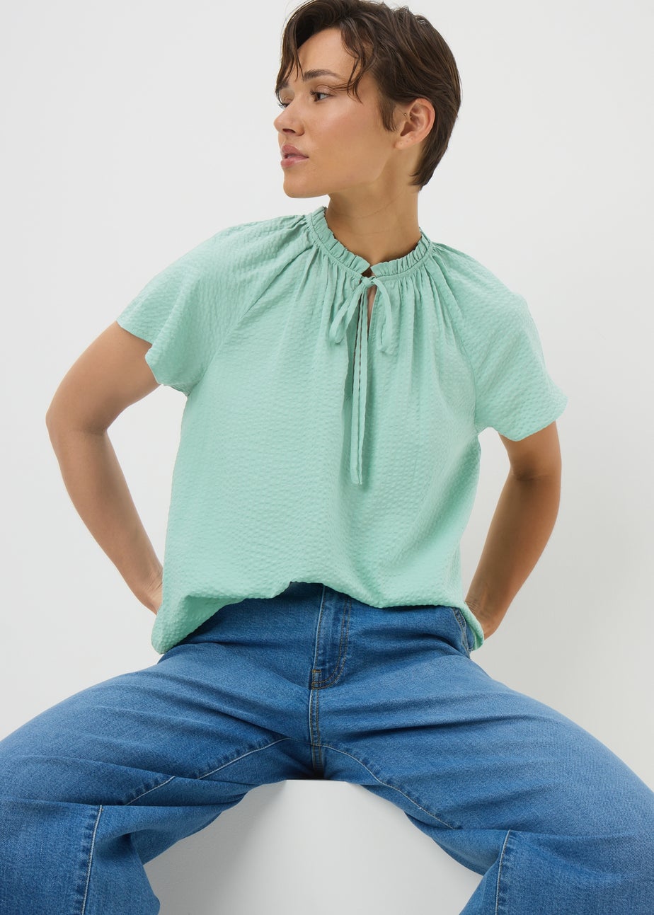 Green Textured Tie Neck Boho Blouse