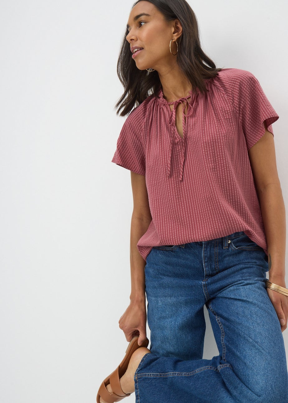 Dusty Pink Stripe Tie Neck Boho Blouse