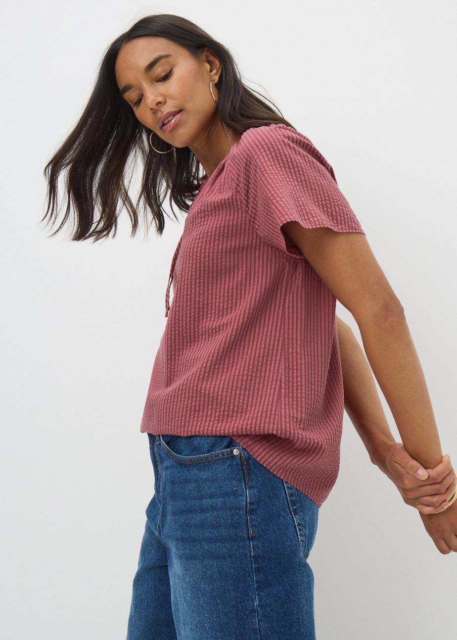 Dusty Pink Stripe Tie Neck Boho Blouse