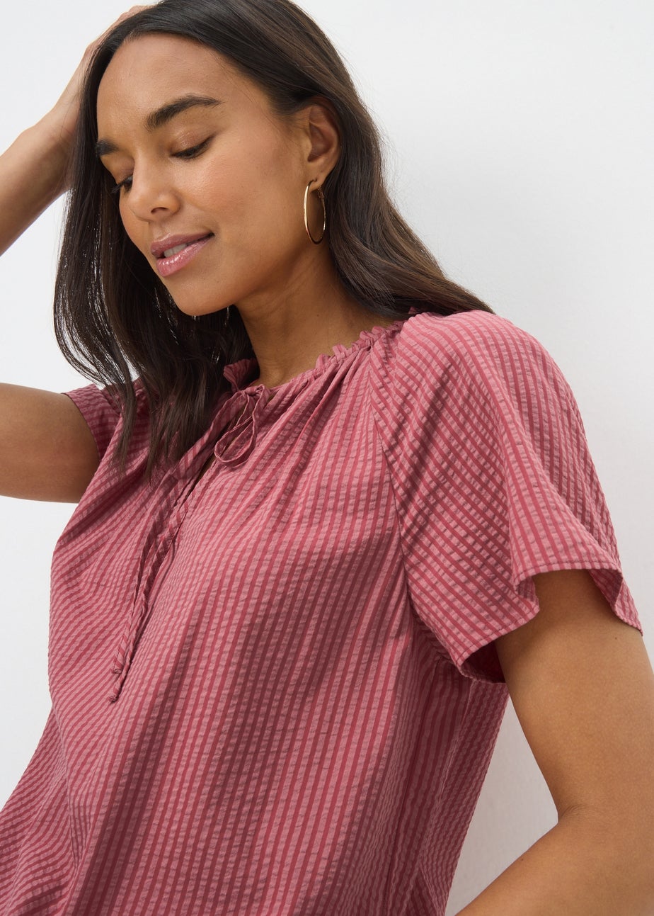 Dusty Pink Stripe Tie Neck Boho Blouse