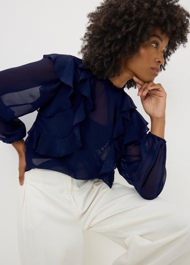 Navy Ruffle Blouse