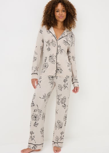 Cream Leaf Print Button Up Pyjama Set
