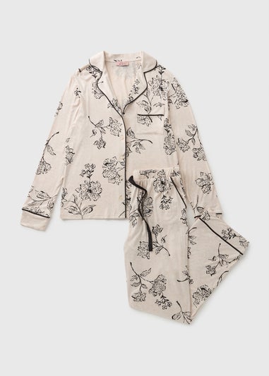 Cream Leaf Print Button Up Pyjama Set