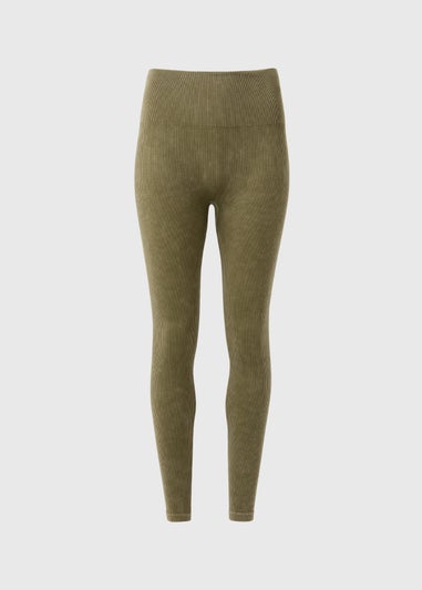 Khaki Washed Ribbed Seamless Leggings