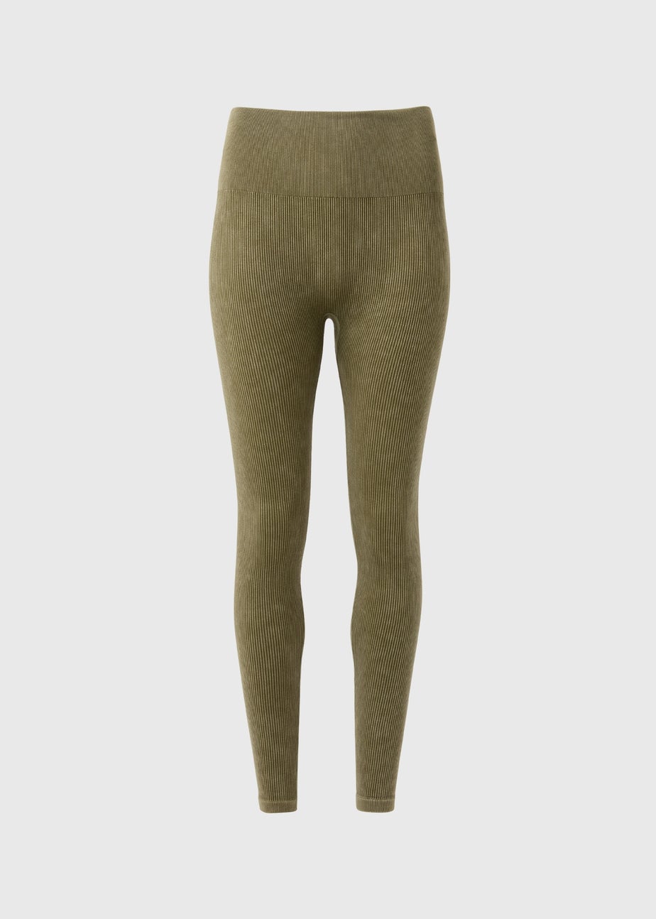 Khaki Washed Ribbed Seamless Leggings