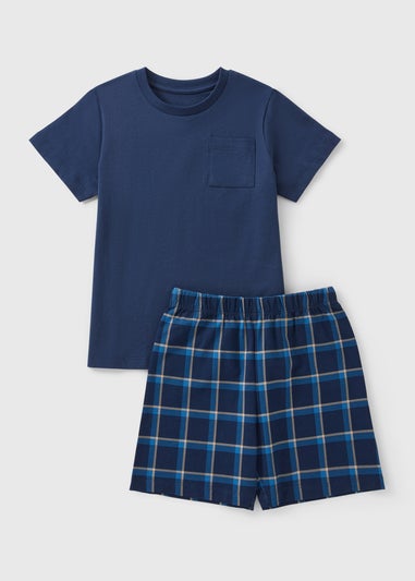 Boys Navy Check Short Pyjama Set (7-13yrs)