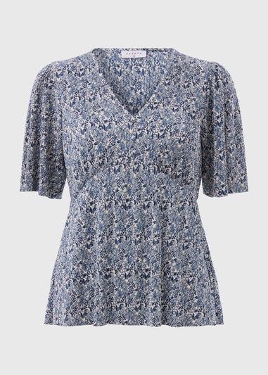 Blue Printed Plisse Short Sleeve Top