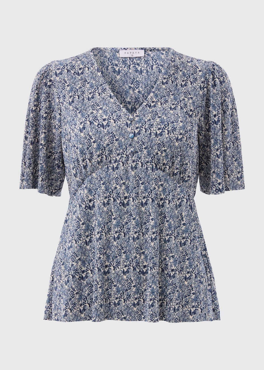 Blue Printed Plisse Short Sleeve Top