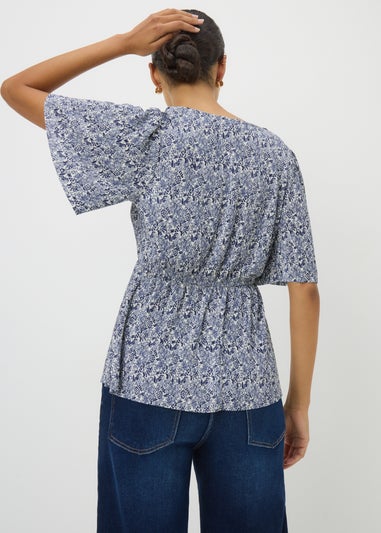 Blue Printed Plisse Short Sleeve Top