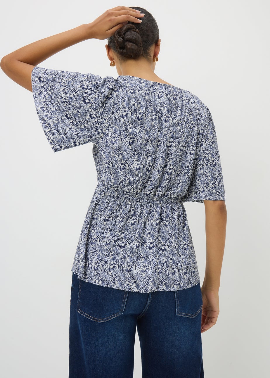 Blue Printed Plisse Short Sleeve Top