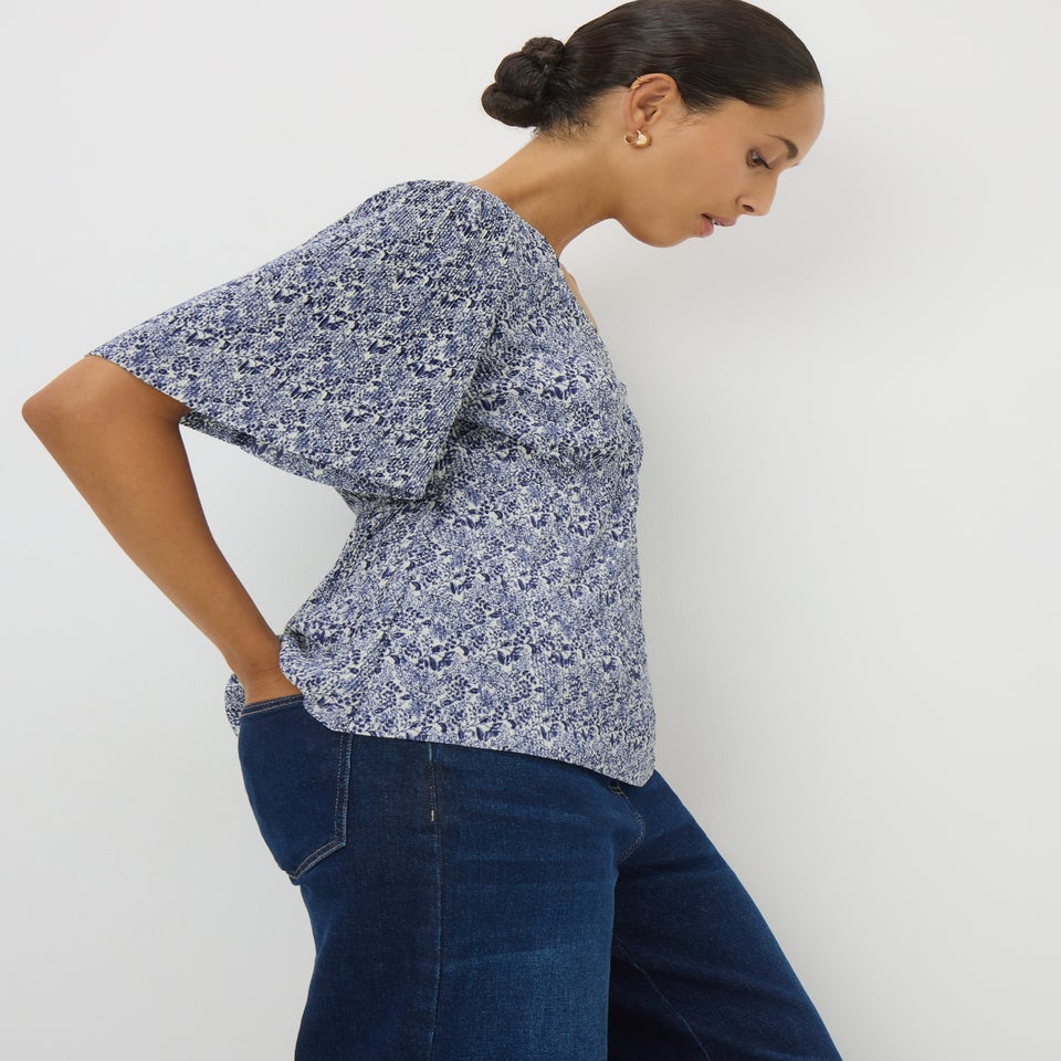 Blue Printed Plisse Short Sleeve Top