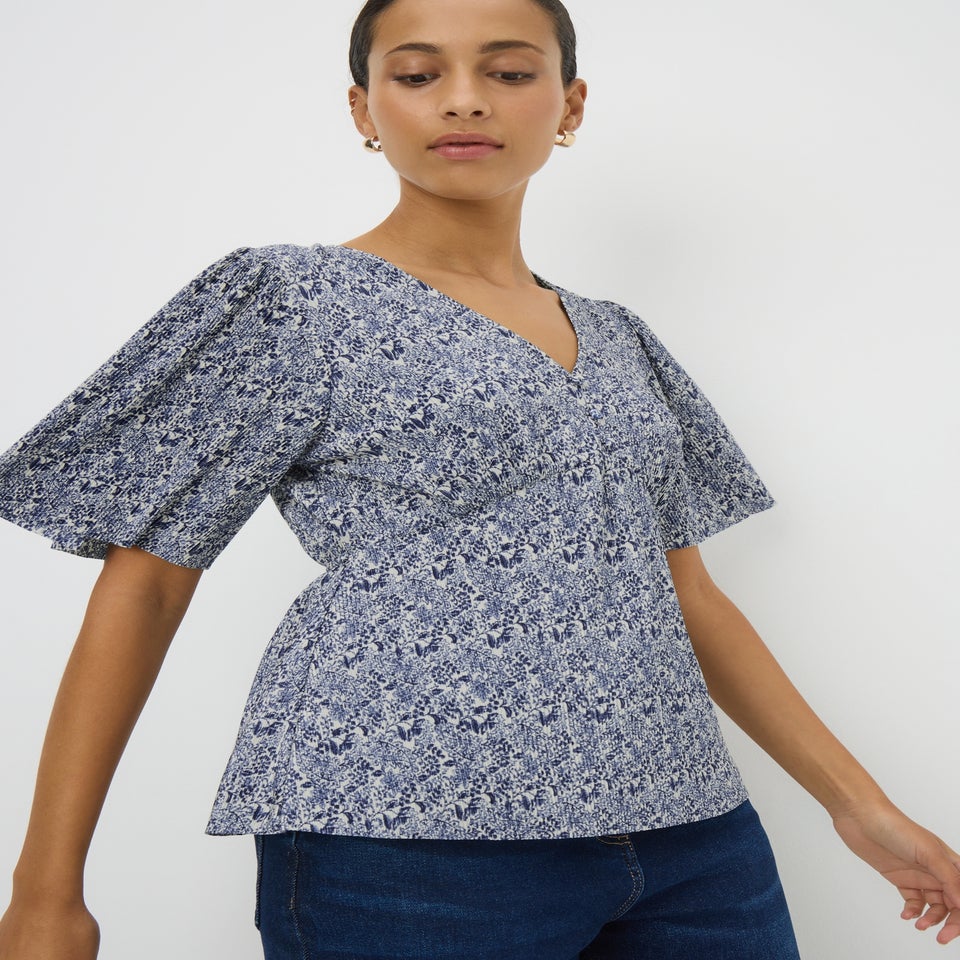 Blue Printed Plisse Short Sleeve Top