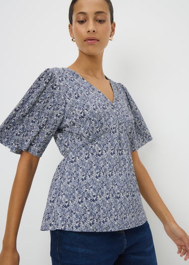 Blue Printed Plisse Short Sleeve Top