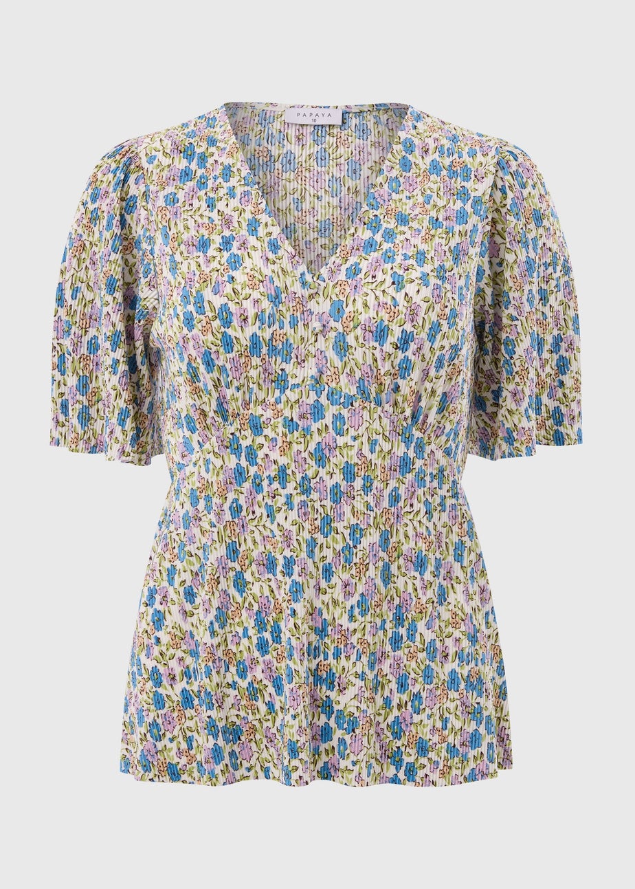 Green Floral Plisse Top