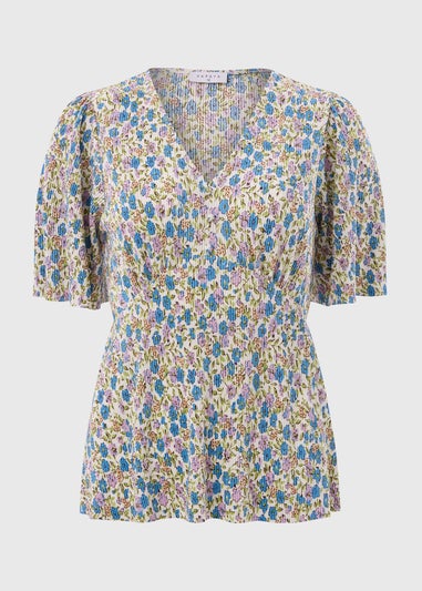 Green Floral Plisse Top