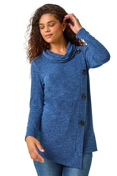 Roman Blue Cowl Neck Button Stretch Top